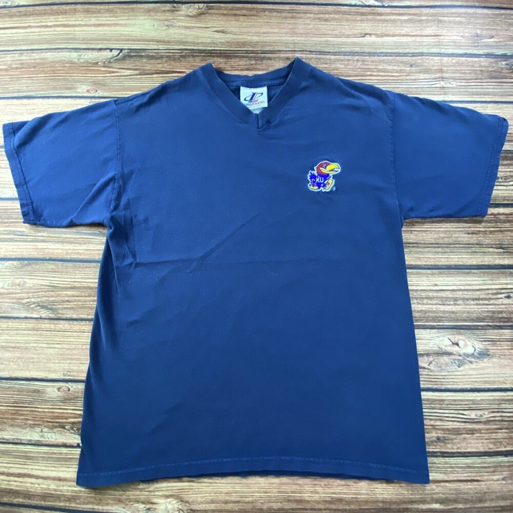 Vintage Kansas KU Jayhawks T-Shirt Sz M Embroidered logo Blue NCAA